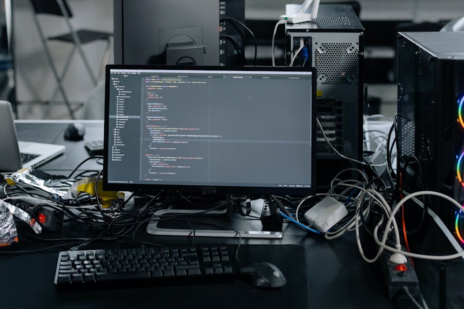 A person operating a silver laptop on a dark surface, with their hands in focus as they type. The laptop screen displays lines of colorful code and text in a programming environment against a dark bac